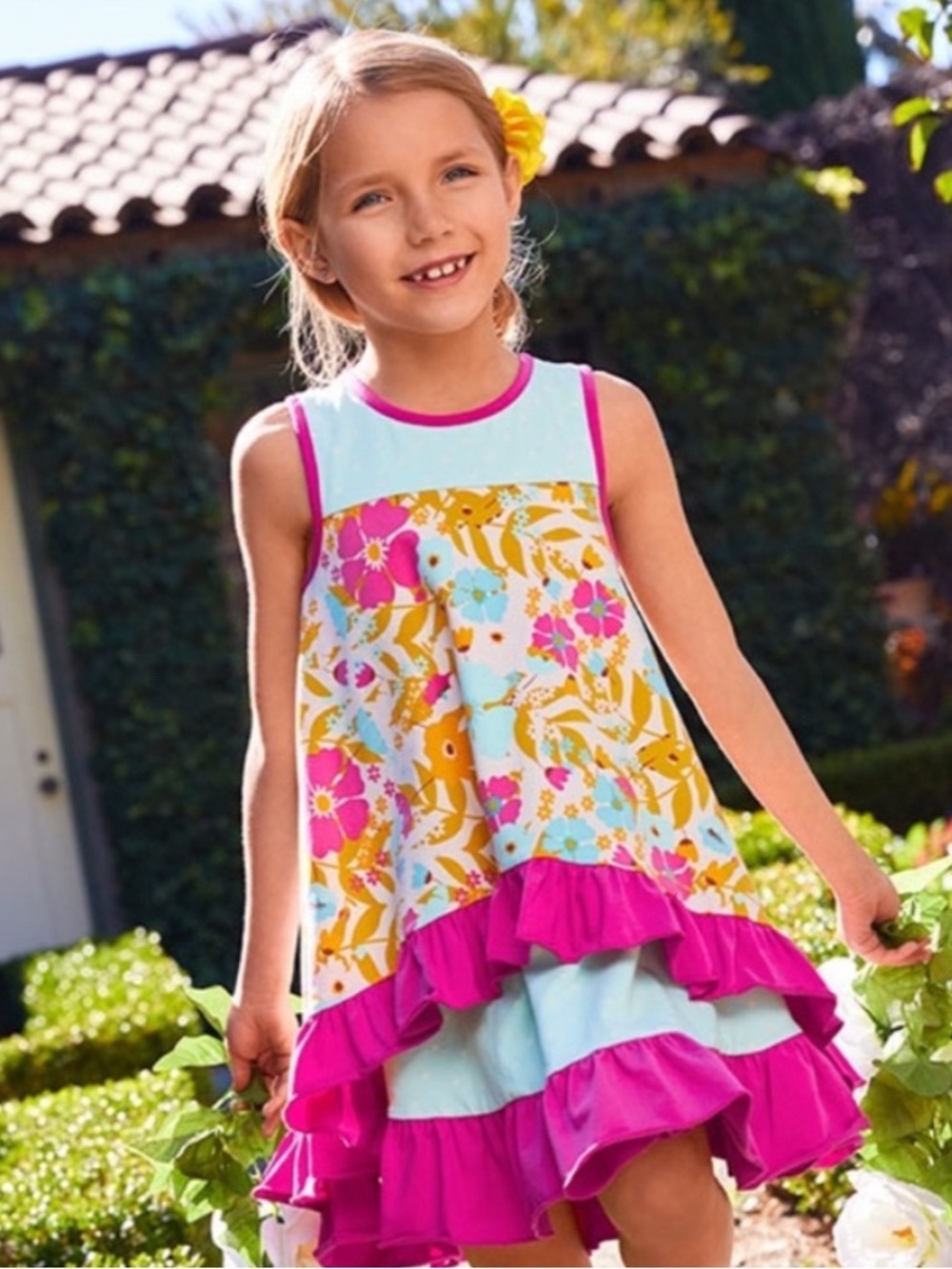 Matilda Jane Girls' Floral Tiered Ruffle Dress - Pink & Aqua